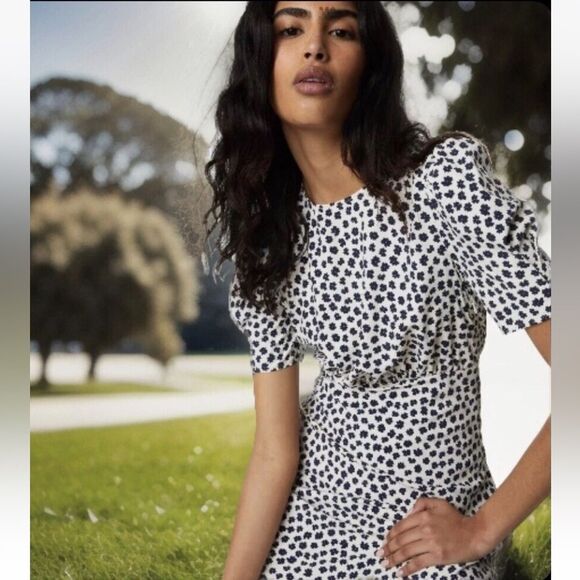 M&S ladies midi maxi dress white black blue 14 ditsy micro floral cottage modest - Picture 2 of 16